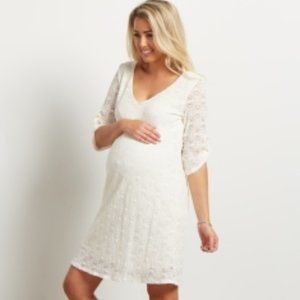 Maternity Ivory Lace V Neck Shift Dress